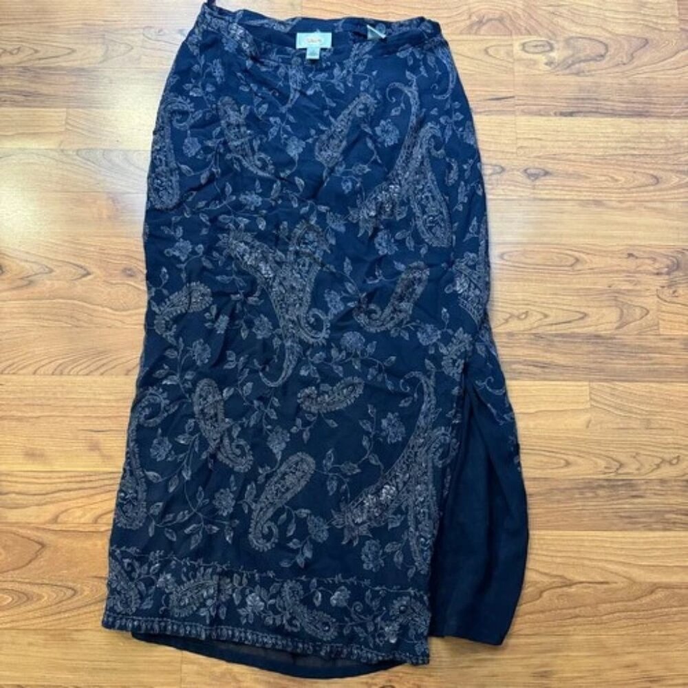 Vintage 90s Silk Paisley Skirt - S/M Dark Academia Navy Dark Blue
